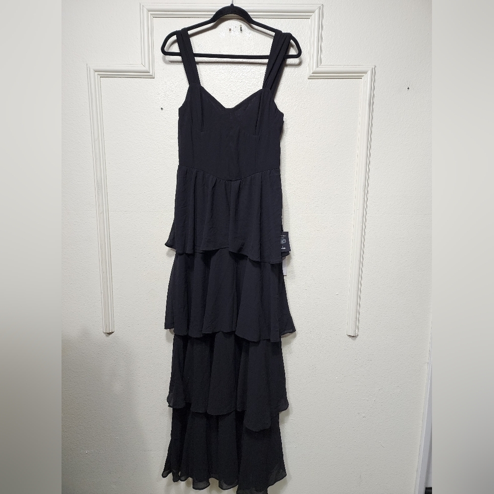 Lulus Carlynda Black Tiered Bustier Maxi Dress L Wedding Party Feminine NWT - Picture 6 of 10